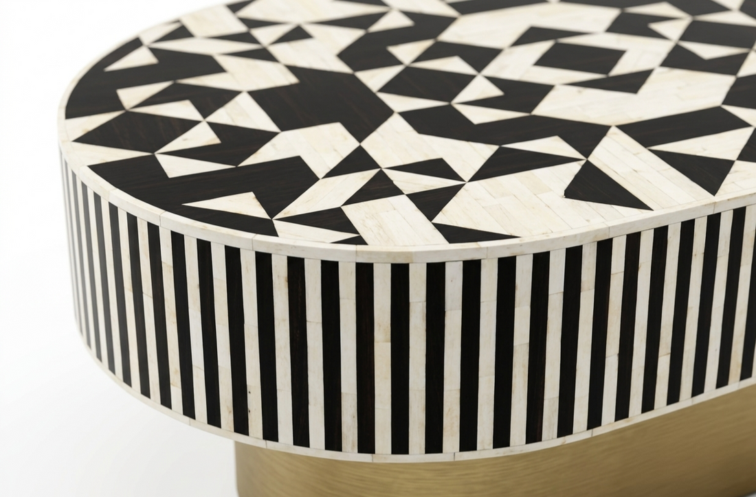 Bone Inlay Black & White Oval Coffee Table with Brass Base