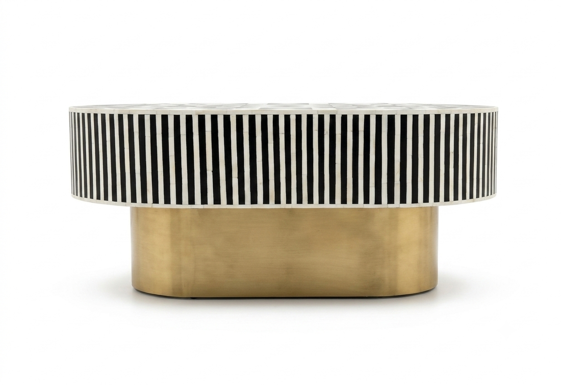 Bone Inlay Black & White Oval Coffee Table with Brass Base