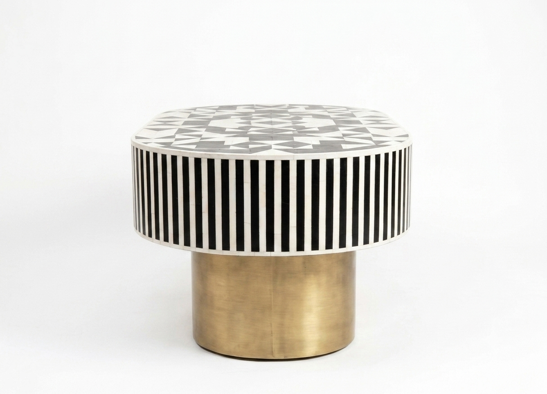Bone Inlay Black & White Oval Coffee Table with Brass Base