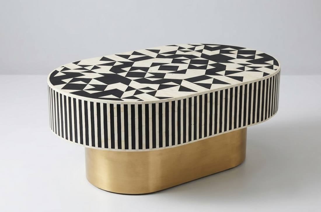 Bone Inlay Black & White Oval Coffee Table with Brass Base