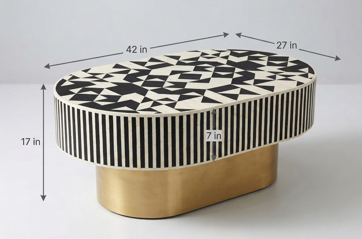 Bone Inlay Black & White Oval Coffee Table with Brass Base