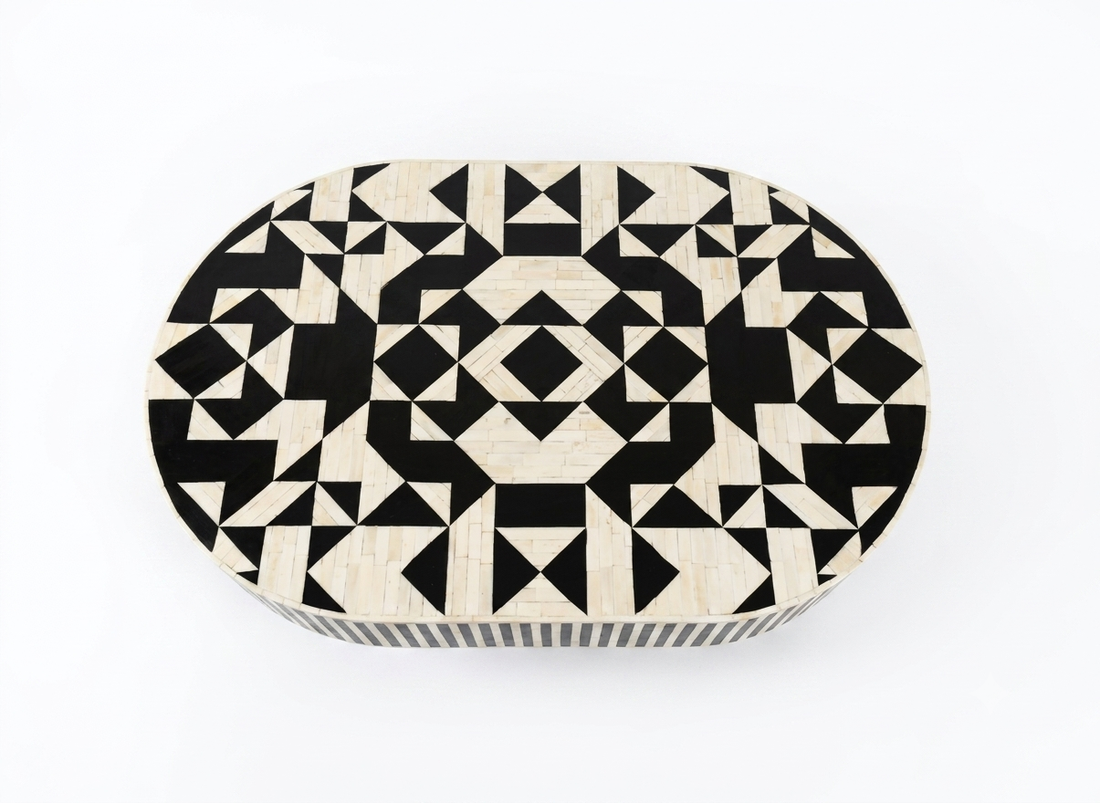 Bone Inlay Black & White Oval Coffee Table with Brass Base