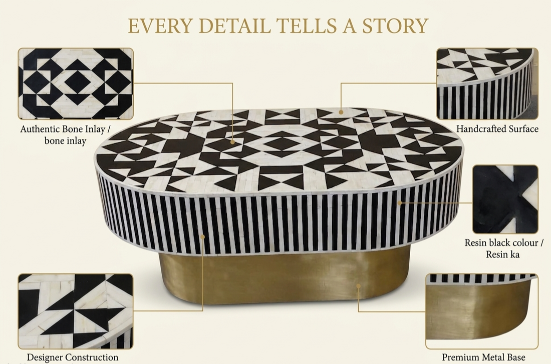 Bone Inlay Black & White Oval Coffee Table with Brass Base