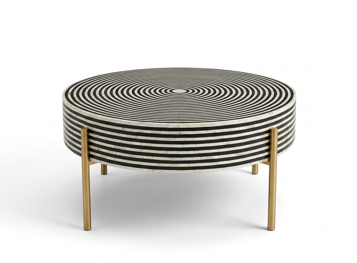 Black & White Mother of Pearl Inlay Round Coffee Table with Gold Powder Coated Legs