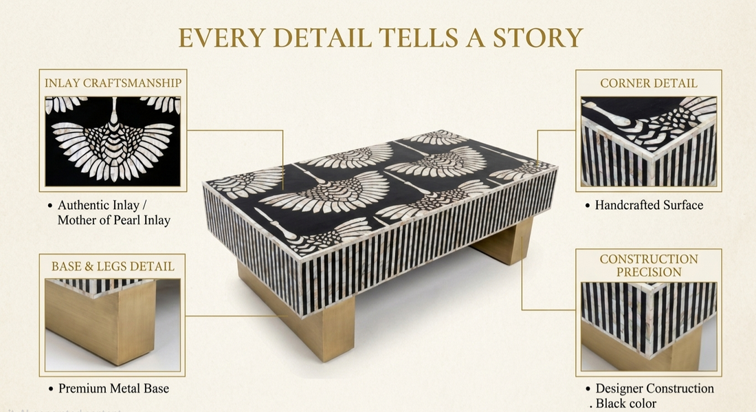 Black & White Mother of Pearl Inlay Rectangular Coffee Table with Brass Legs | W51 x D27 x H17