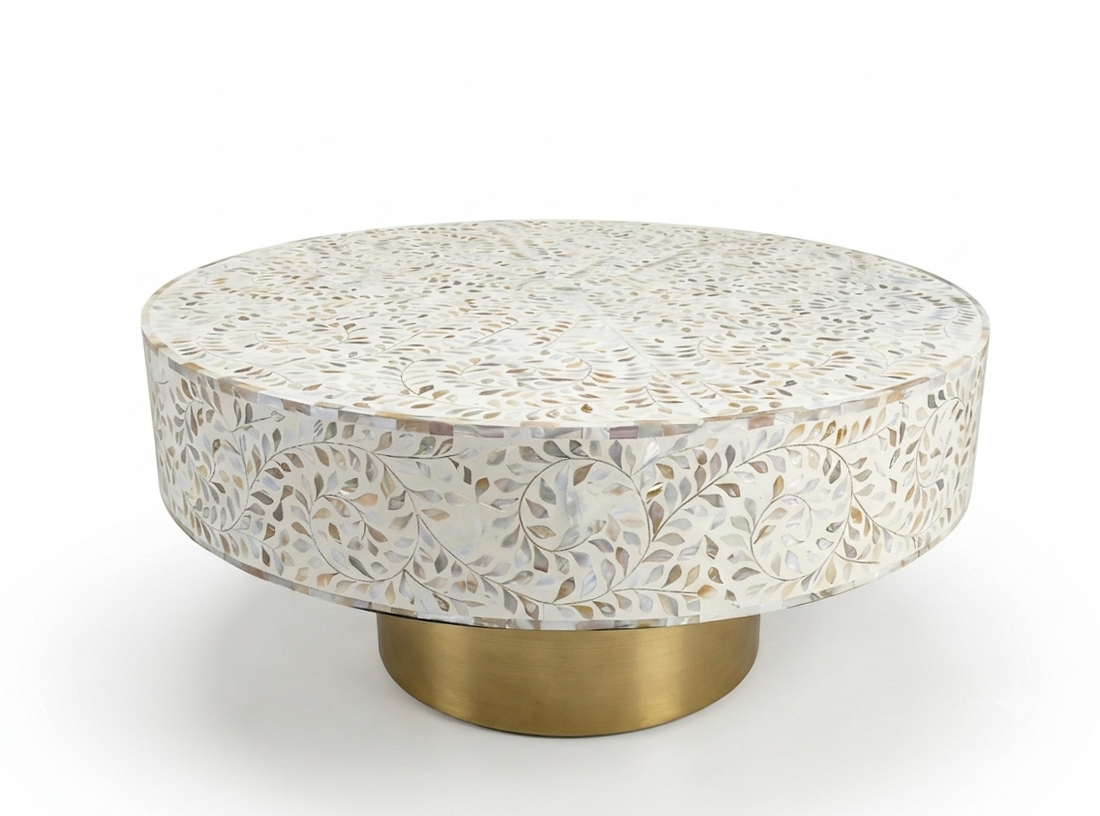 White Mother of Pearl Inlay Round Coffee Table – Floral Design with Brass Base