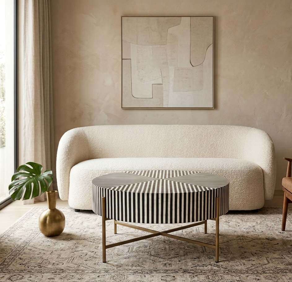 Black Bone Inlay Coffee Table with Optical Pattern & Gold Powder-Coated Stand