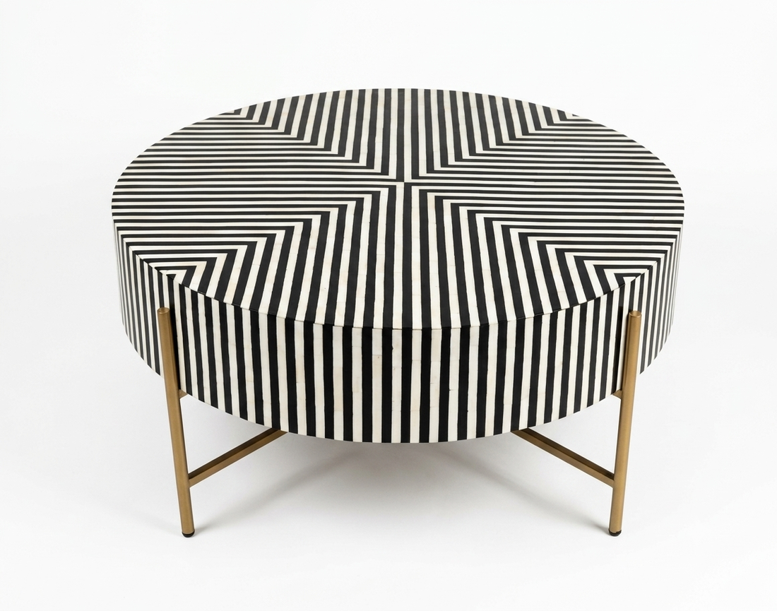 Black Bone Inlay Coffee Table with Optical Pattern & Gold Powder-Coated Stand
