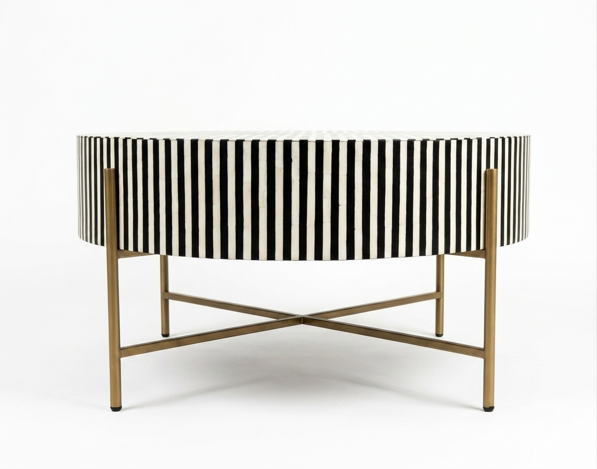 Black Bone Inlay Coffee Table with Optical Pattern & Gold Powder-Coated Stand