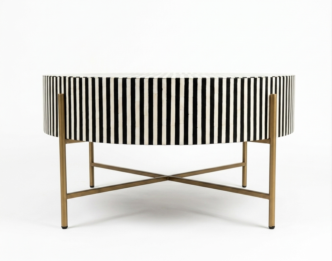 Black Bone Inlay Coffee Table with Optical Pattern & Gold Powder-Coated Stand