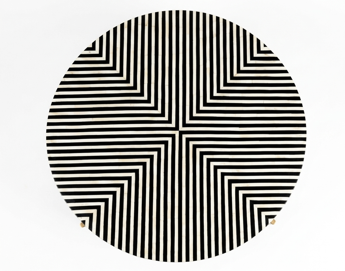 Black Bone Inlay Coffee Table with Optical Pattern & Gold Powder-Coated Stand
