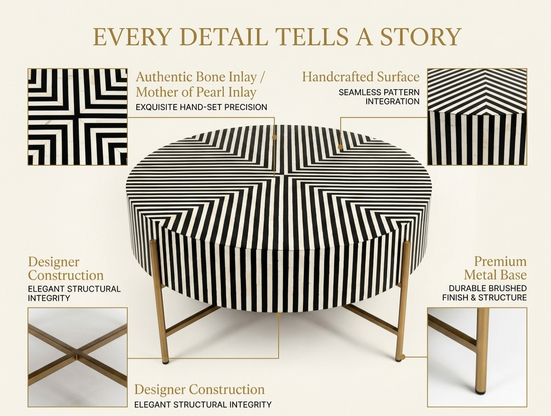 Black Bone Inlay Coffee Table with Optical Pattern & Gold Powder-Coated Stand