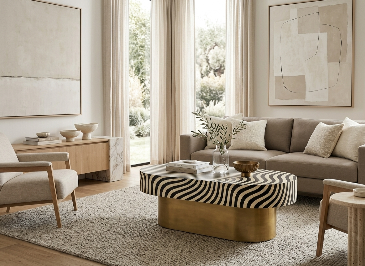 Bone Inlay Oval Coffee Table – Zebra Pattern Black & White with Brass Base