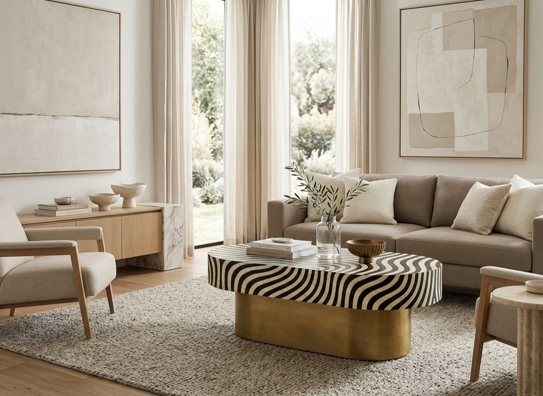 Bone Inlay Oval Coffee Table – Zebra Pattern Black & White with Brass Base