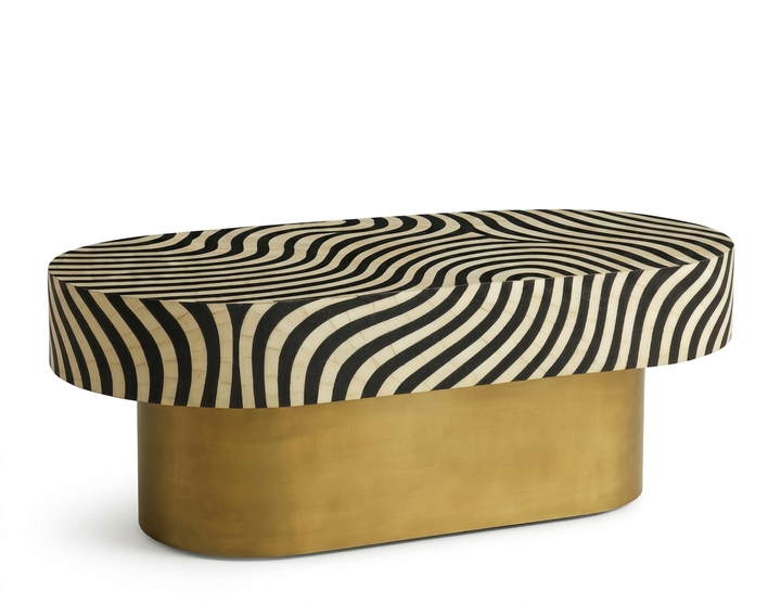 Bone Inlay Oval Coffee Table – Zebra Pattern Black & White with Brass Base