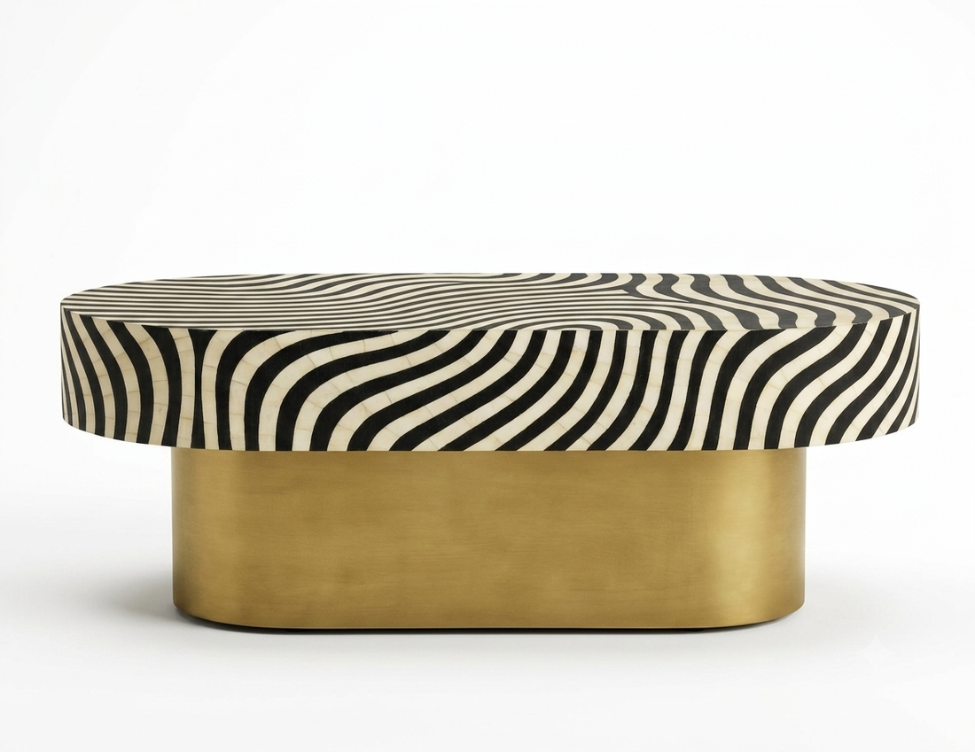 Bone Inlay Oval Coffee Table – Zebra Pattern Black & White with Brass Base