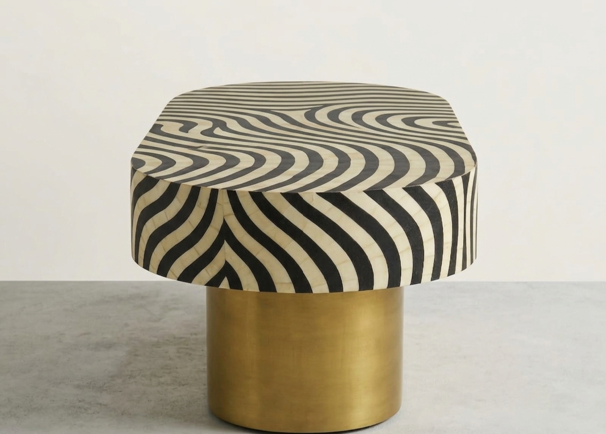 Bone Inlay Oval Coffee Table – Zebra Pattern Black & White with Brass Base