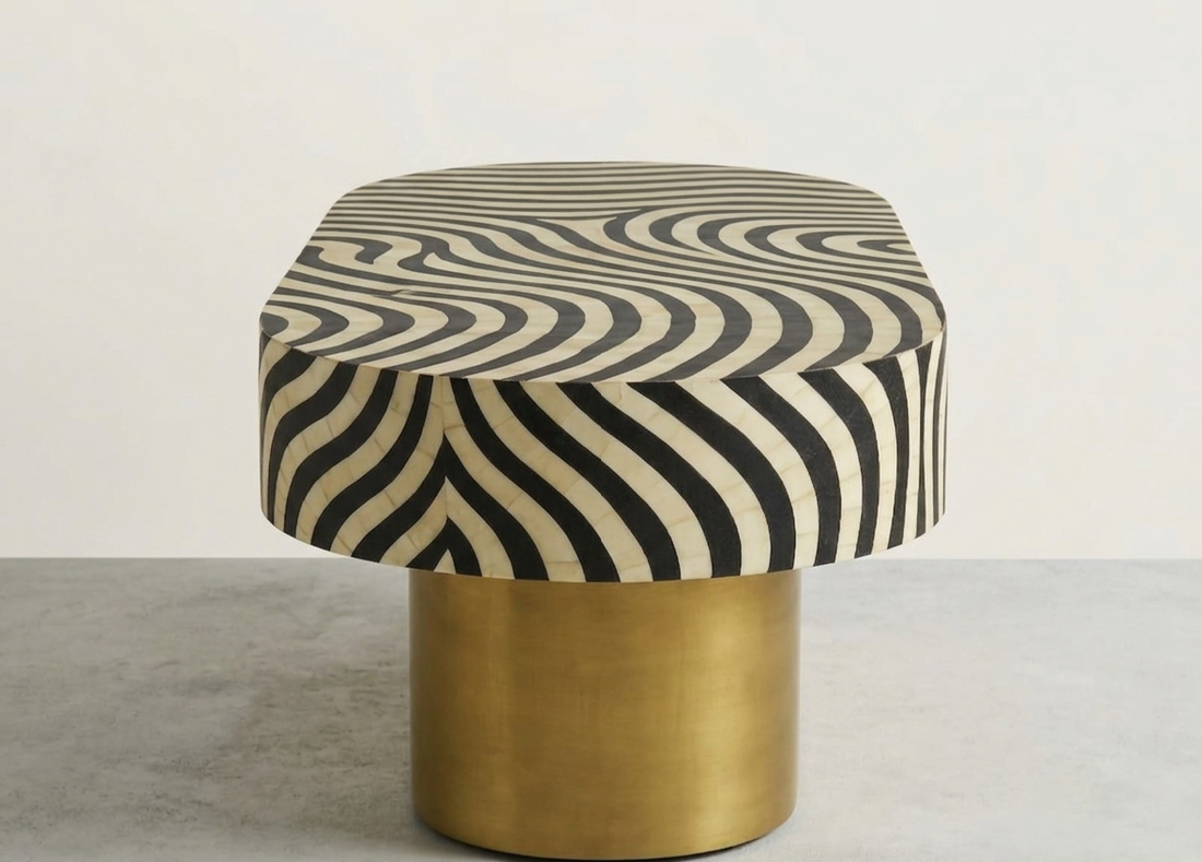 Bone Inlay Oval Coffee Table – Zebra Pattern Black & White with Brass Base