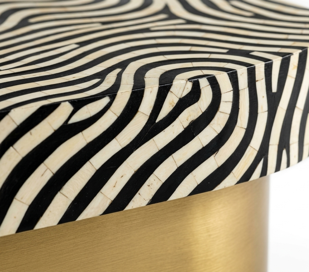 Bone Inlay Oval Coffee Table – Zebra Pattern Black & White with Brass Base