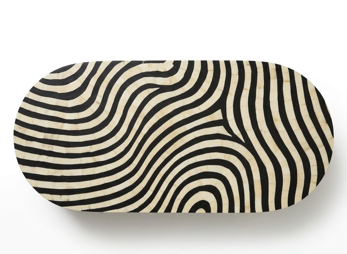 Bone Inlay Oval Coffee Table – Zebra Pattern Black & White with Brass Base