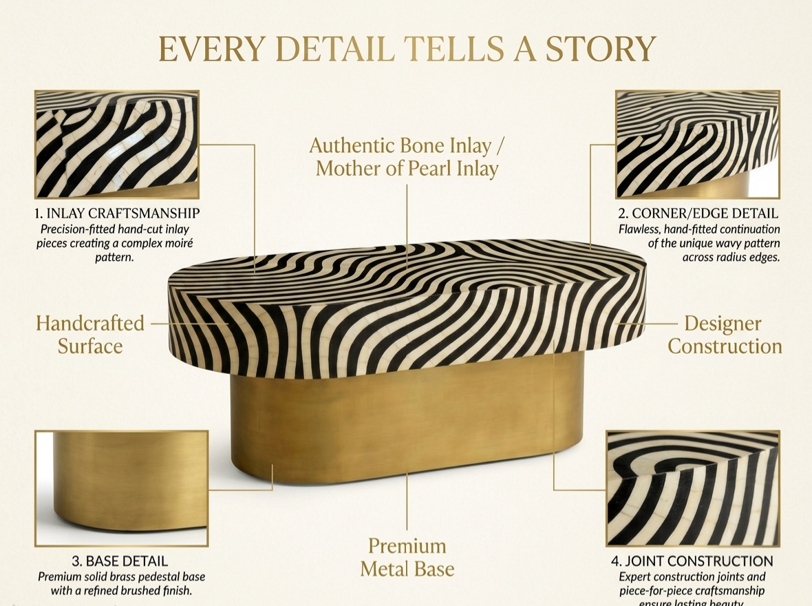 Bone Inlay Oval Coffee Table – Zebra Pattern Black & White with Brass Base