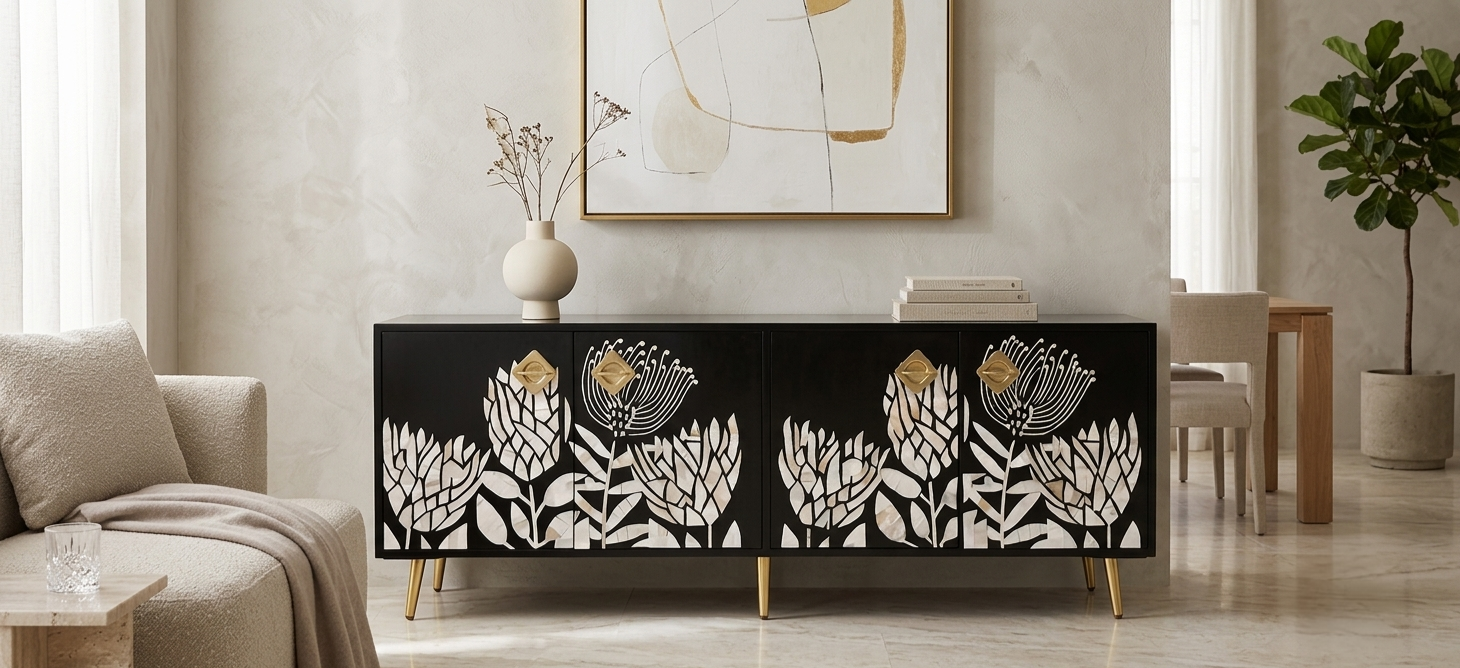 Mother of Pearl Inlay Black TV Unit – 4 Door Media Cabinet