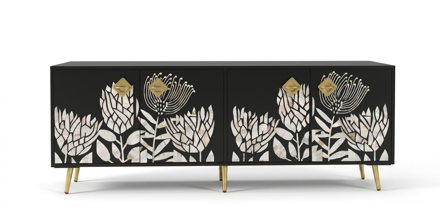 Mother of Pearl Inlay Black TV Unit – 4 Door Media Cabinet
