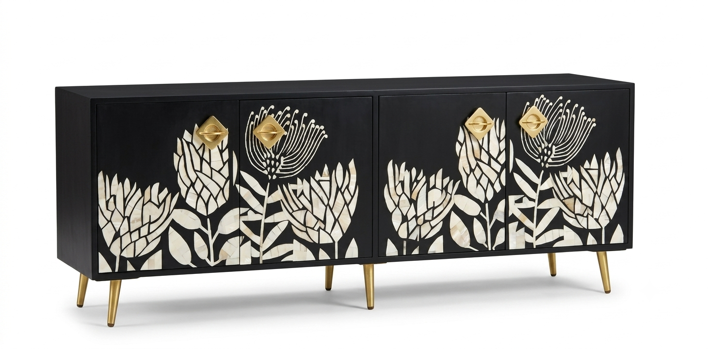 Mother of Pearl Inlay Black TV Unit – 4 Door Media Cabinet