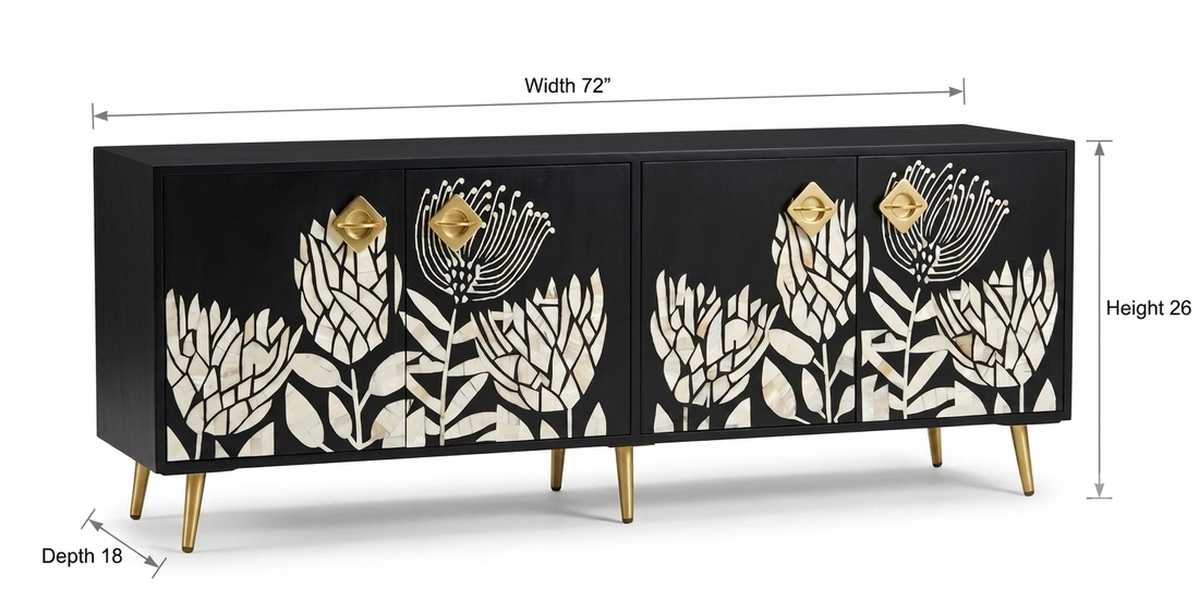 Mother of Pearl Inlay Black TV Unit – 4 Door Media Cabinet