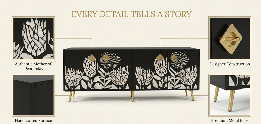 Mother of Pearl Inlay Black TV Unit – 4 Door Media Cabinet