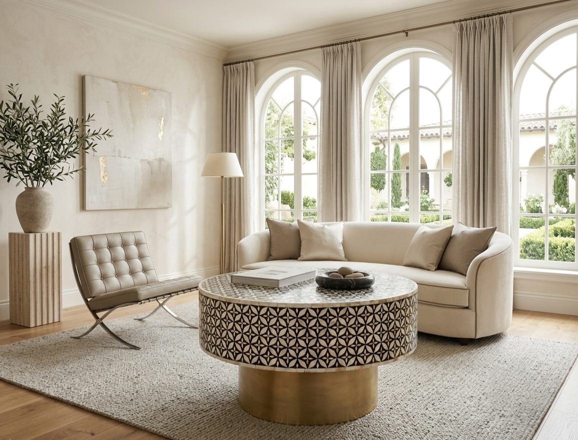 Mother of Pearl Inlay Round Coffee Table – Black & White with Brass Base