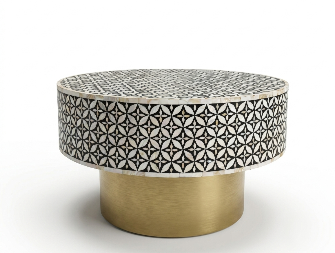Mother of Pearl Inlay Round Coffee Table – Black & White with Brass Base