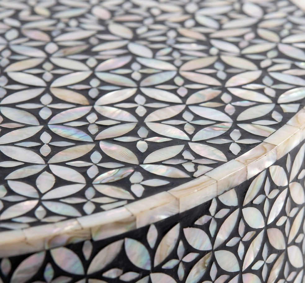 Mother of Pearl Inlay Round Coffee Table – Black & White with Brass Base
