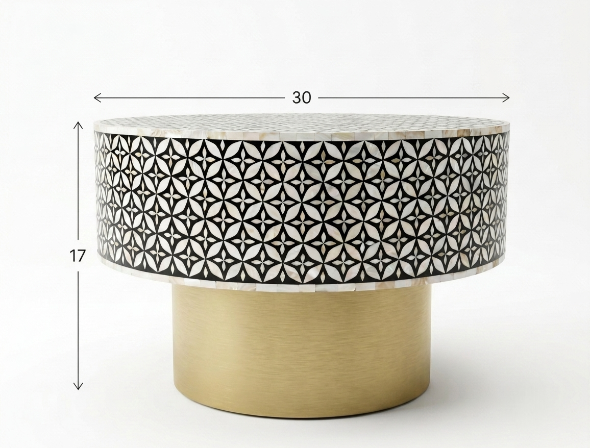 Mother of Pearl Inlay Round Coffee Table – Black & White with Brass Base