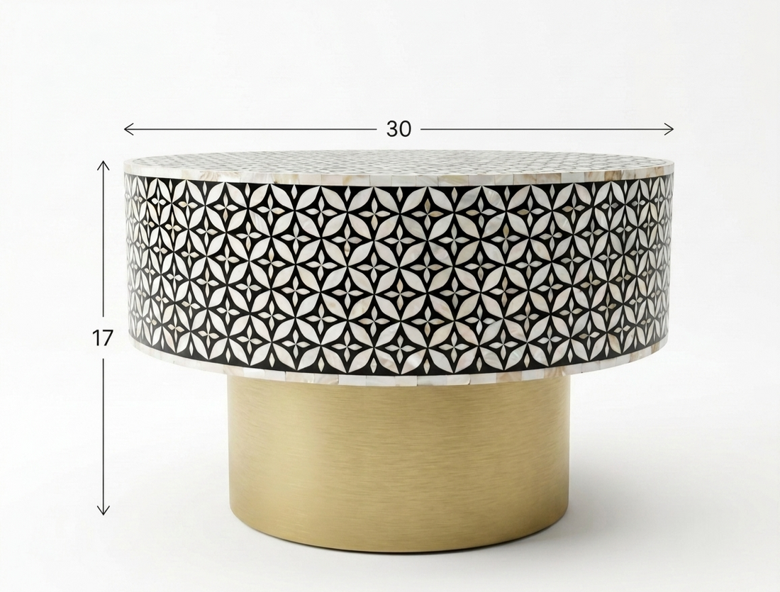 Mother of Pearl Inlay Round Coffee Table – Black & White with Brass Base