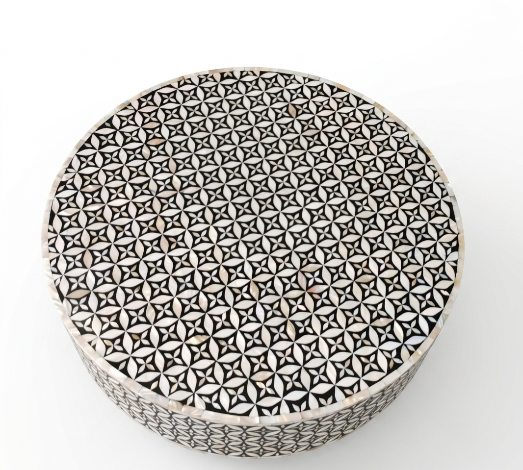 Mother of Pearl Inlay Round Coffee Table – Black & White with Brass Base