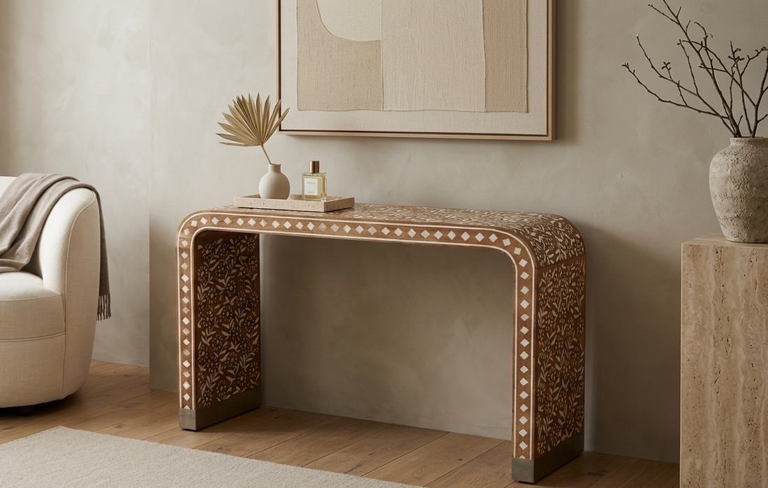 Mother of Pearl Inlay Teak Wood U-Shaped Console Table with Silver Base