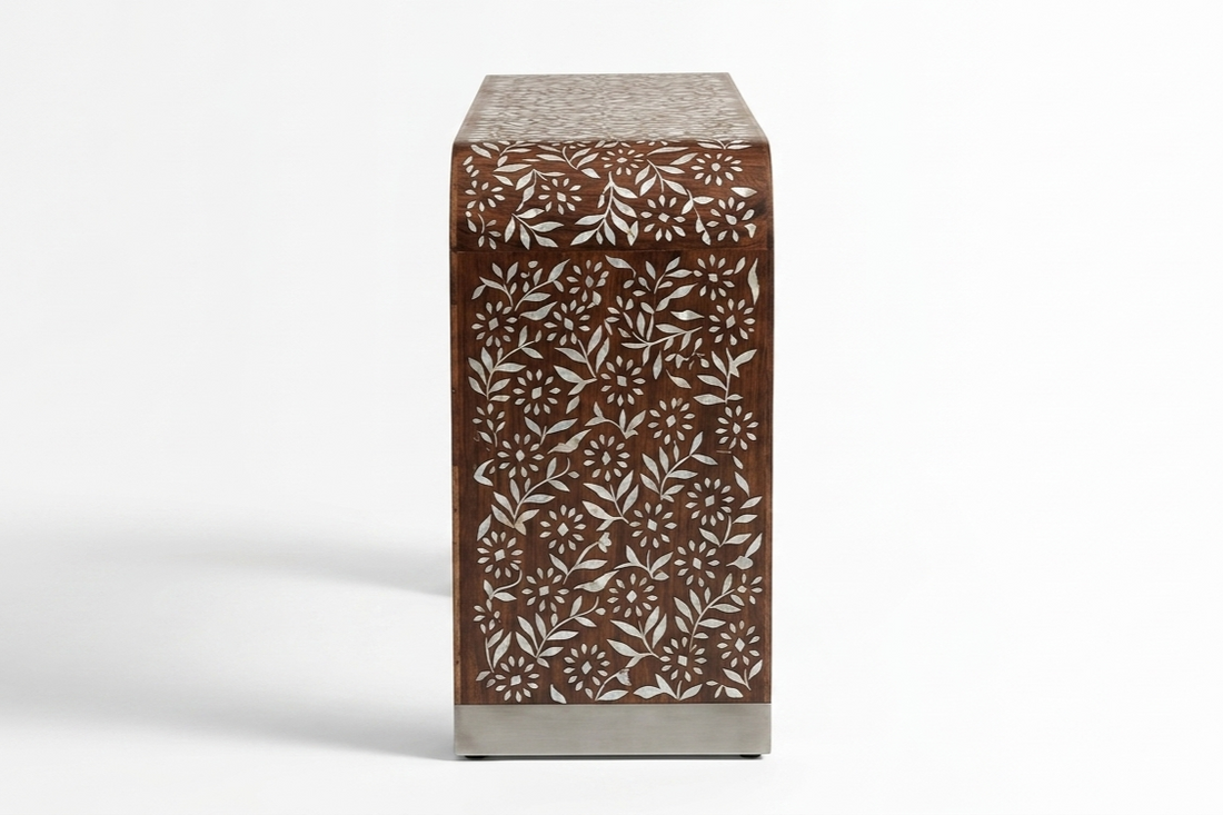 Mother of Pearl Inlay Teak Wood U-Shaped Console Table with Silver Base