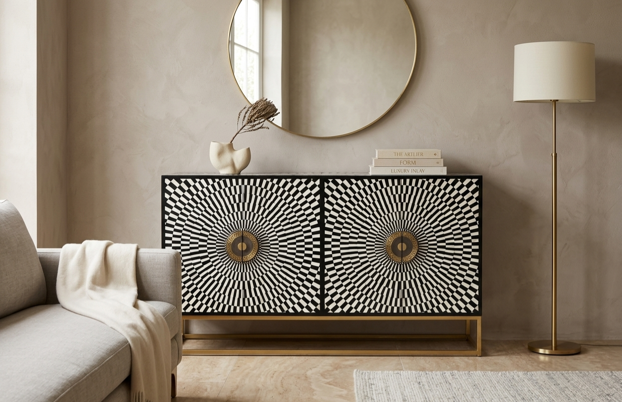 Black Bone Inlay Cabinet – 4 Door Sideboard with Powder-Coated Stand