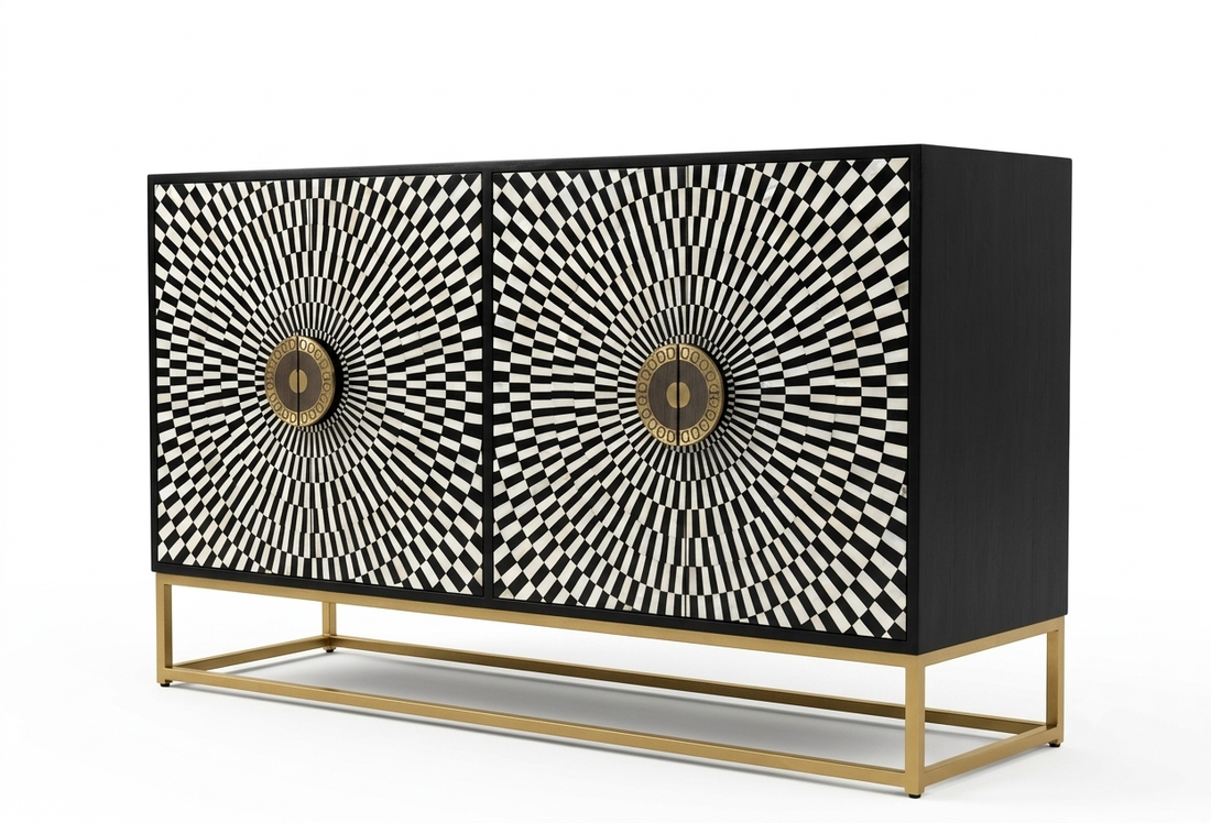 Black Bone Inlay Cabinet – 4 Door Sideboard with Powder-Coated Stand