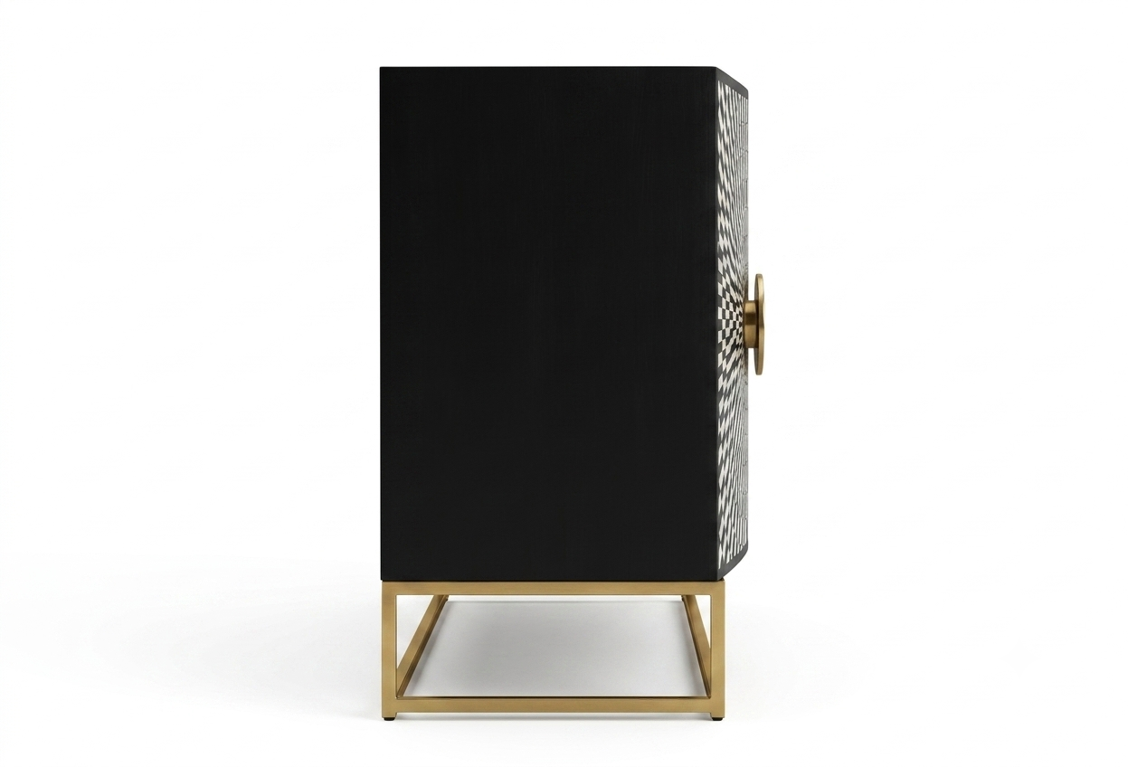 Black Bone Inlay Cabinet – 4 Door Sideboard with Powder-Coated Stand