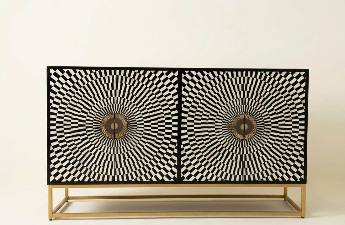 Black Bone Inlay Cabinet – 4 Door Sideboard with Powder-Coated Stand