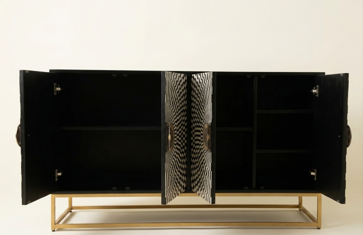 Black Bone Inlay Cabinet – 4 Door Sideboard with Powder-Coated Stand
