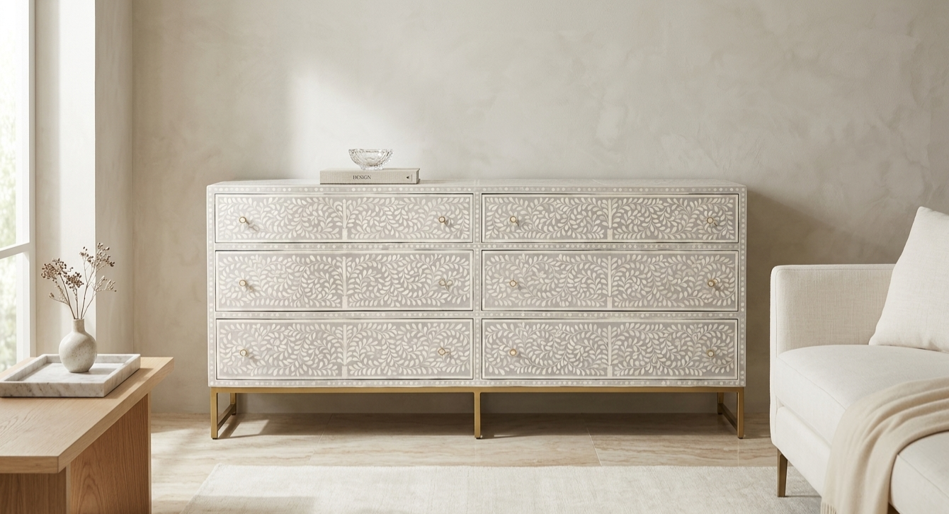 Grey & White Bone Inlay 6 Drawer Dresser Chest with Floral Design