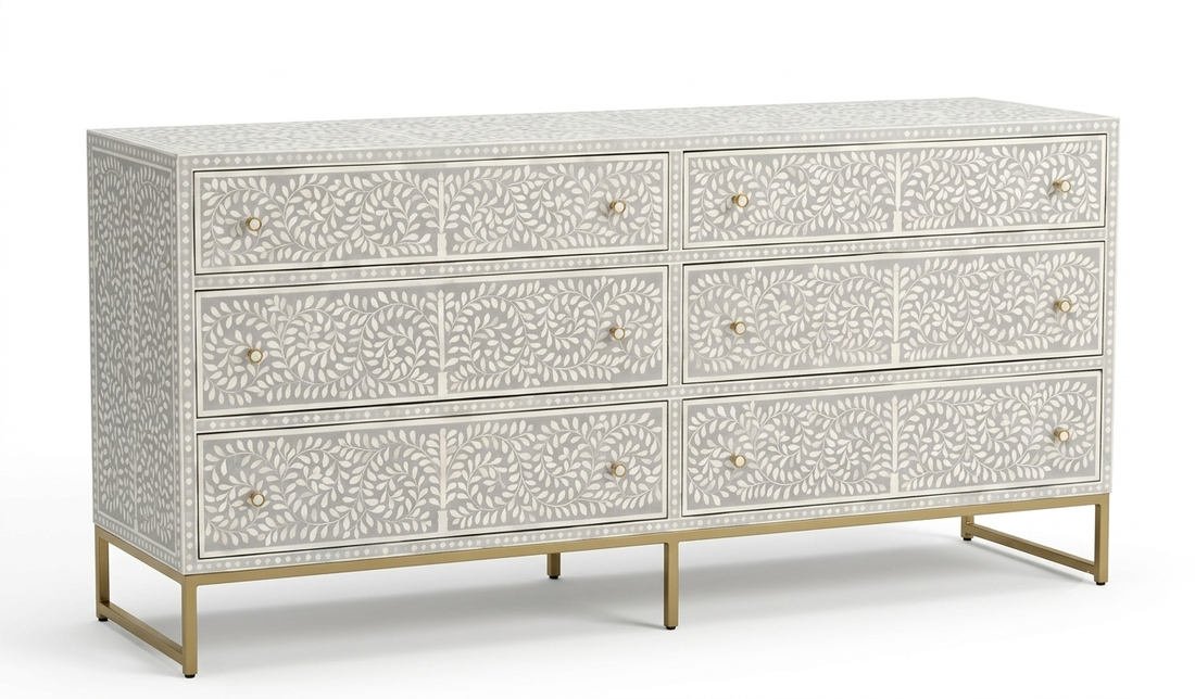 Grey & White Bone Inlay 6 Drawer Dresser Chest with Floral Design