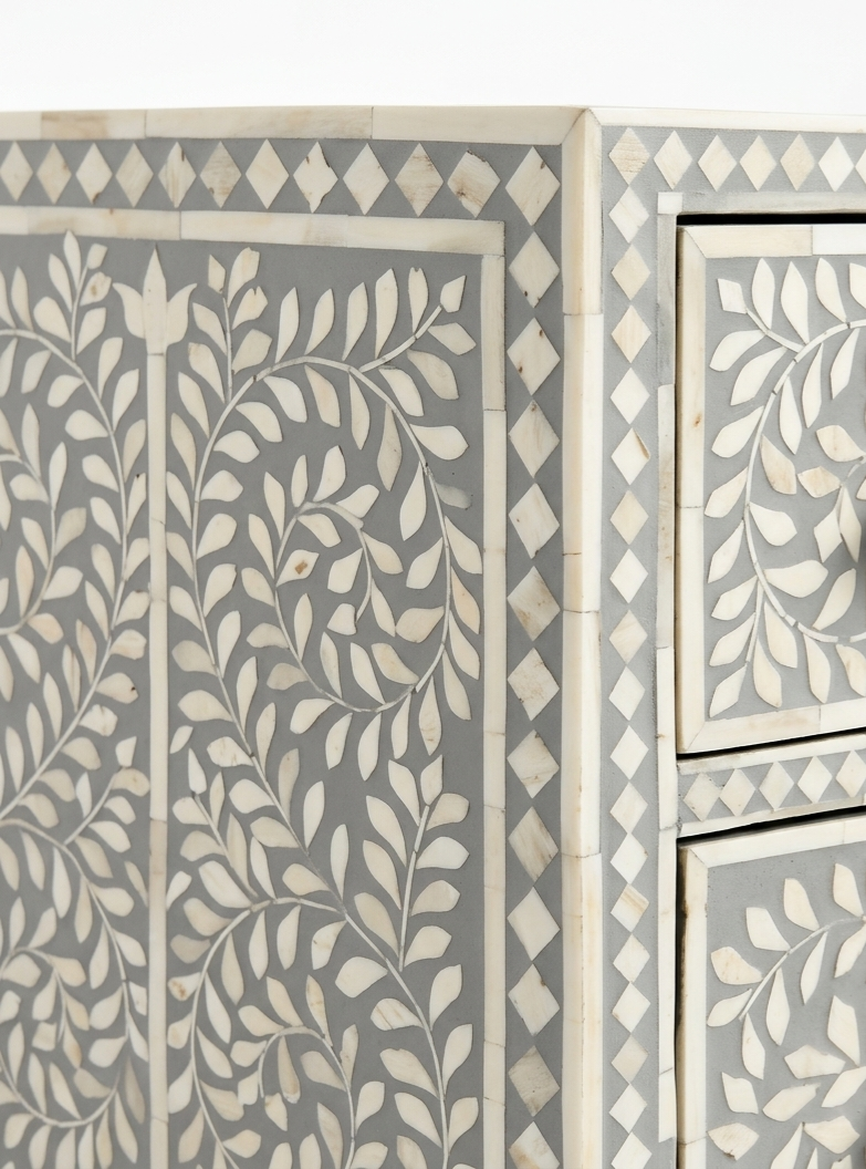 Grey & White Bone Inlay 6 Drawer Dresser Chest with Floral Design