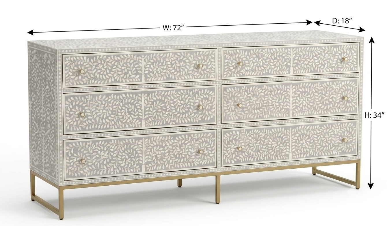 Grey & White Bone Inlay 6 Drawer Dresser Chest with Floral Design