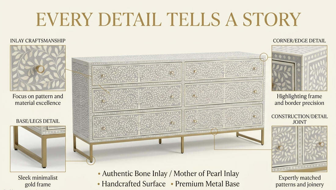 Grey & White Bone Inlay 6 Drawer Dresser Chest with Floral Design