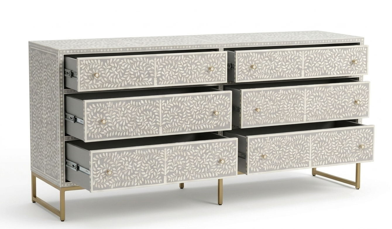 Grey & White Bone Inlay 6 Drawer Dresser Chest with Floral Design