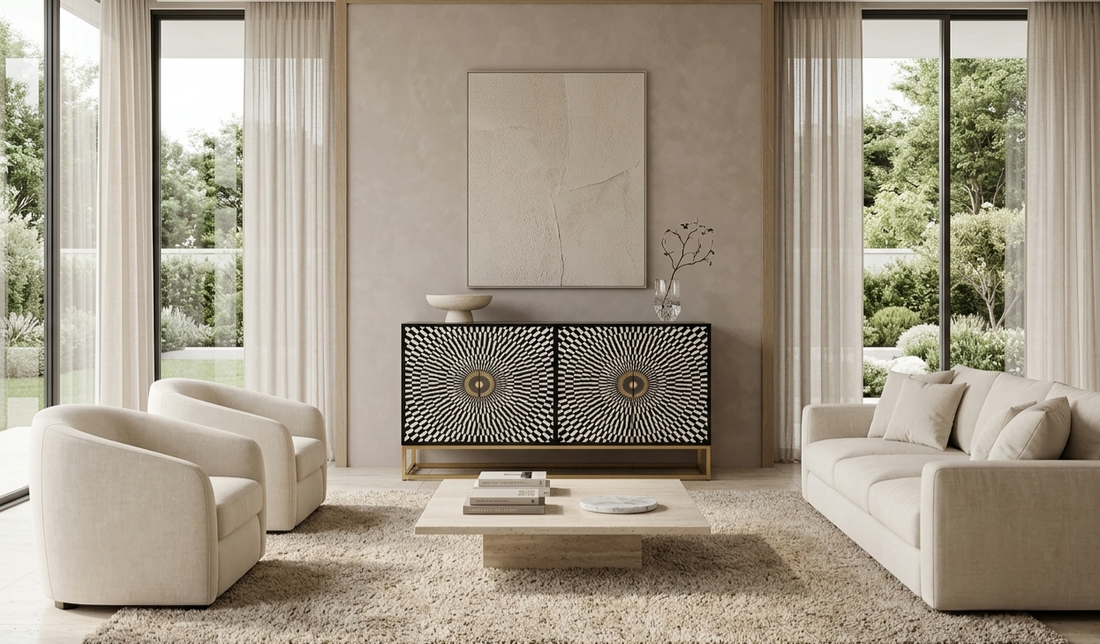 Black Bone Inlay Cabinet – 4 Door Sideboard with Powder-Coated Stand